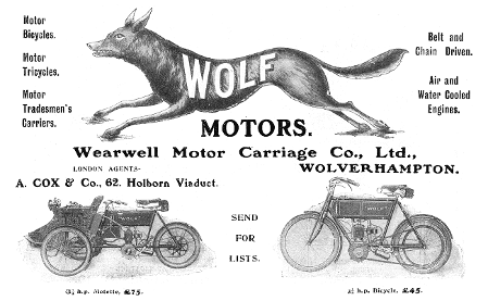 An advertisement for Wolf Motorcycles, featuring prices, a leaping wolf and two motorcycles. 