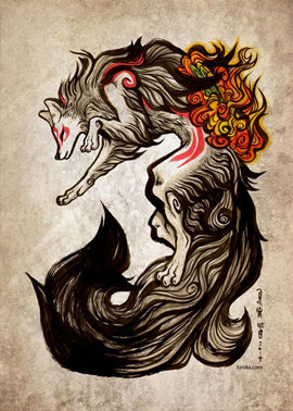 Multi-coloured Japanese style wolf tattoo design with vibrant fire-like pattern and extensive tail design and red body dashes