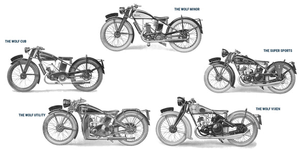 The Wolf Minor, The Wolf Cub, The Super Sport, The Wolf Utility and The Wolf Vixen - Five motorcycles from the 1932, Wolf Motorcycles Company catalogue.