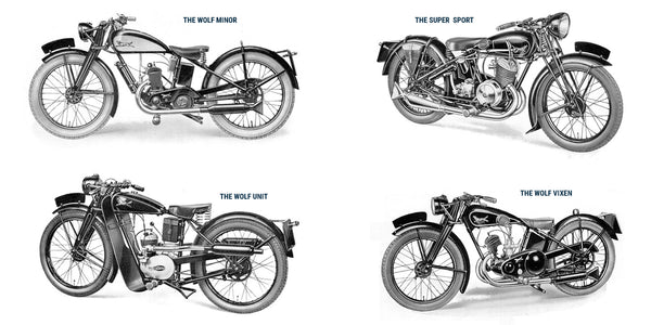 The updated Wolf Minor, The Wolf Cub, The Super Sport, The Wolf Utility and The Wolf Vixen - Five motorcycles from the 1937 Wolf Motorcycles Company catalogue.