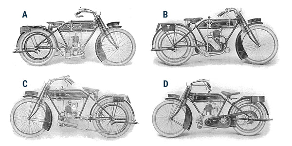 4 Wolf Motorcycles, unnamed, from the 1915 Wolf Motorcycle Company catalogue. 