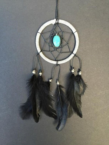  6-point dream catcher with a blue jewel, leather-bound loop and 6 black feathers